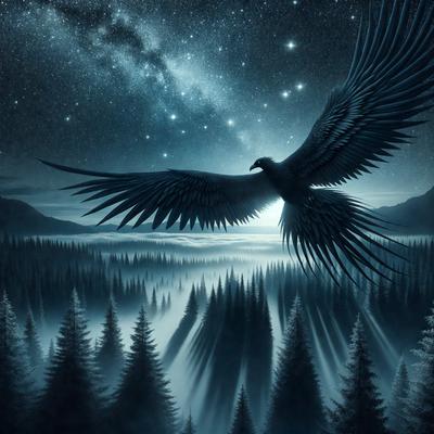 The primary subject of the image is a bird, specifically a large eagle, flying through the night sky. The bird is soaring above a forest filled with trees, creating a sense of depth and tranquility. The visual style of the image is a digital art or illustration, with the bird and trees depicted in a detailed and realistic manner. The colors and mood of the image are predominantly dark, with the bird and trees being the main focus, and the night sky providing a sense of mystery and serenity